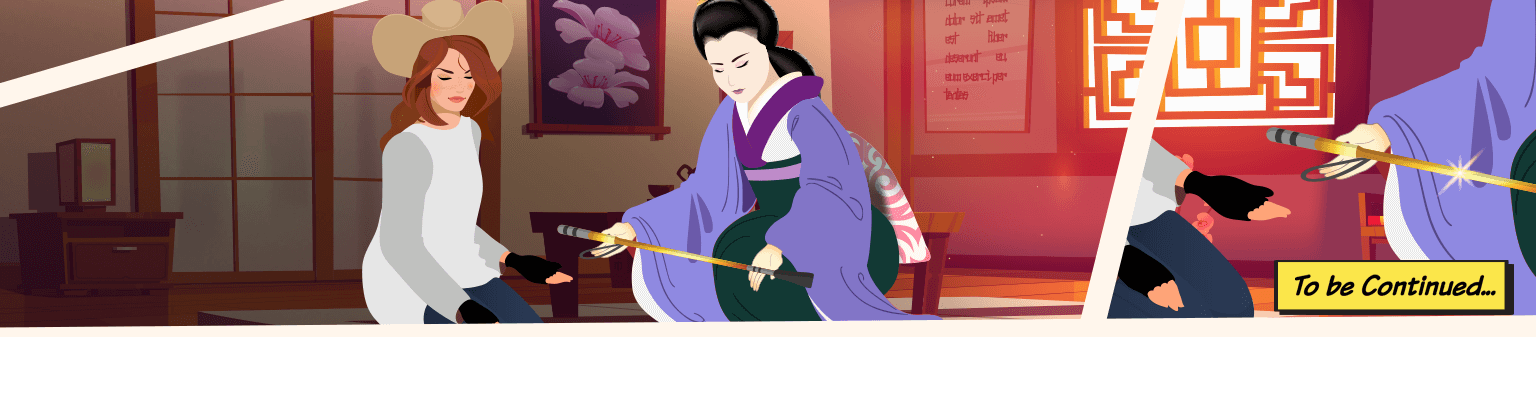 Cowgirl sitting in front of a japanesse woman who is handing her a golden whip