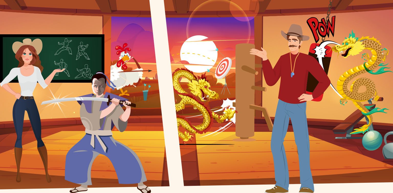 Various animated characters training in different combat techniques