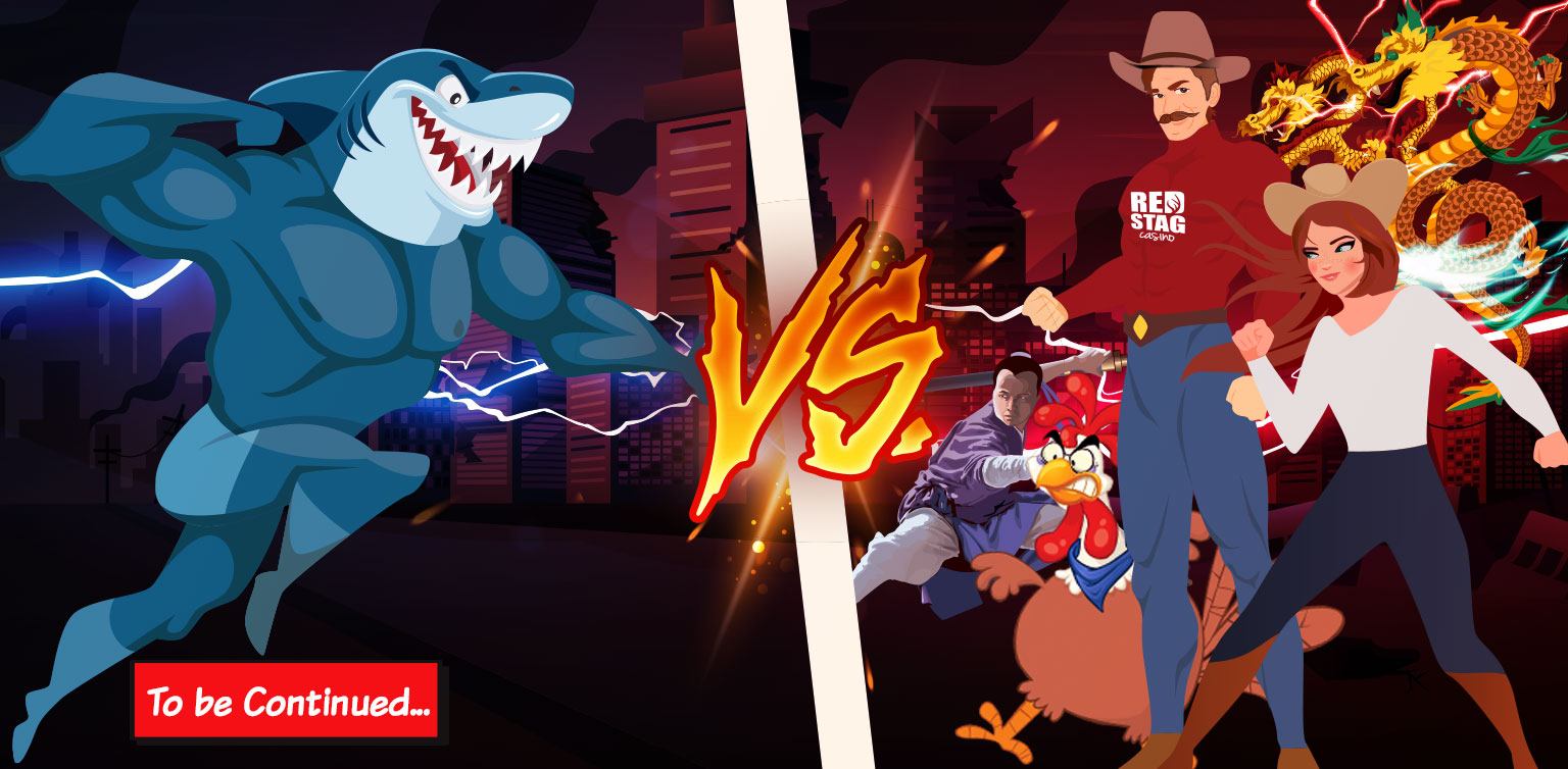 Animated humanoid shark fighting against two cowboys, a chicken, a samurai and two dragons
