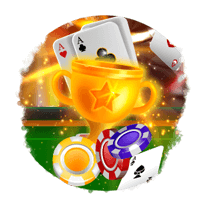 golden trophy for winning the red stag casino tournamnet, casino chips and poker cards under the trophy