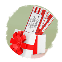 two concert tickets in a white box with a red ribbon on its lid