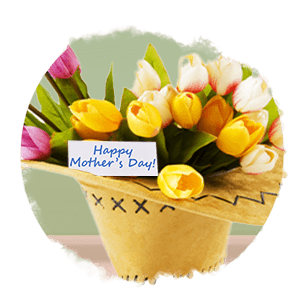 Bouquet of purple and yellow tulips in a bright brown cowboy hat with a Happy Mother's Day Note