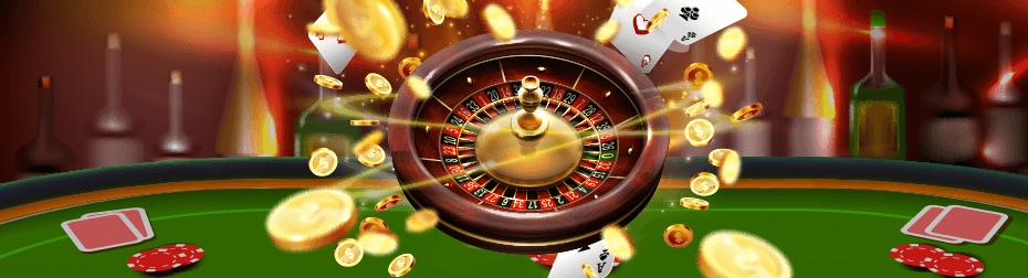 roulette wheel on a green table with coins paying out of it and poker cards on the back