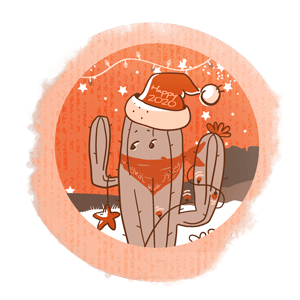 Cactus with a santa hat and christmas light on it