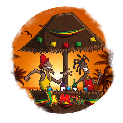 Play Jaman Slot at Red Stag Casino Rastas dancing under a tiki lounge