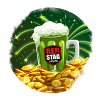 Glass mug with green beer on it placed on top of a pile of gold coins 