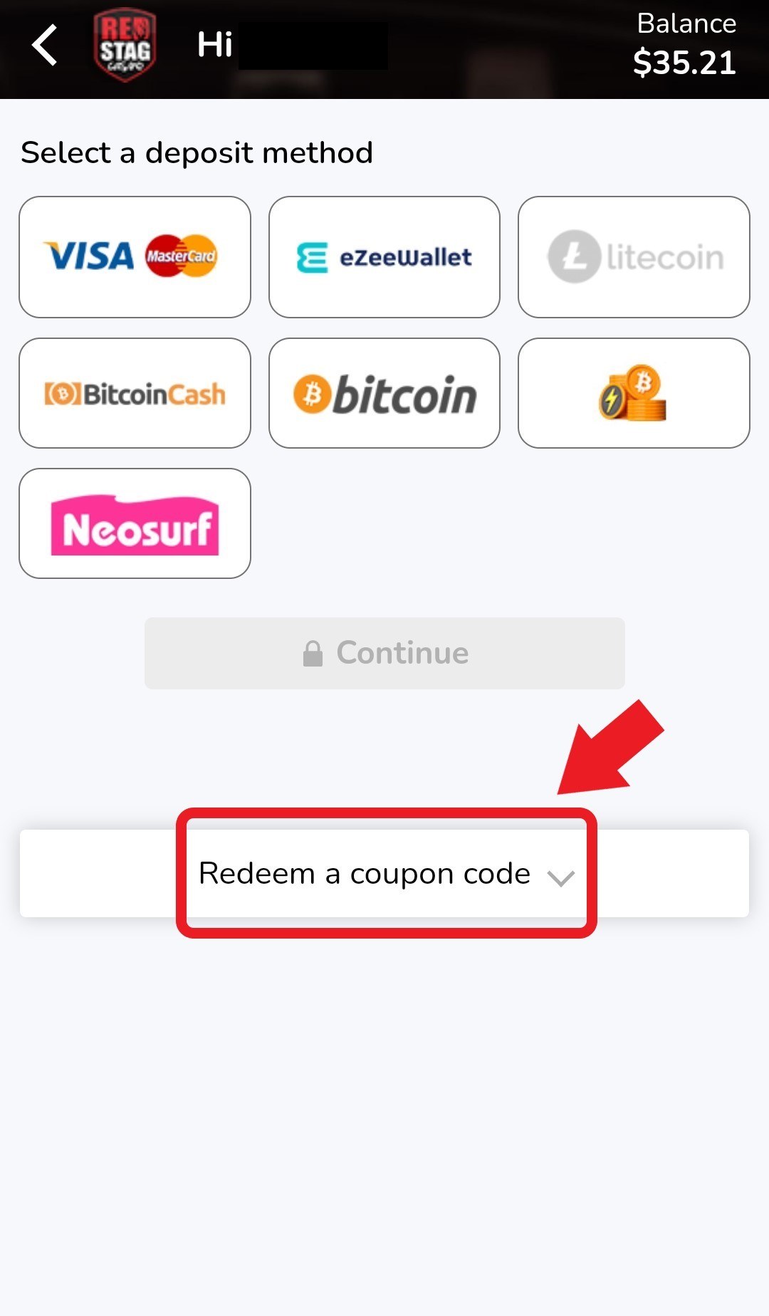 Red Stag cashier - click on coupon to redeem the free bonus