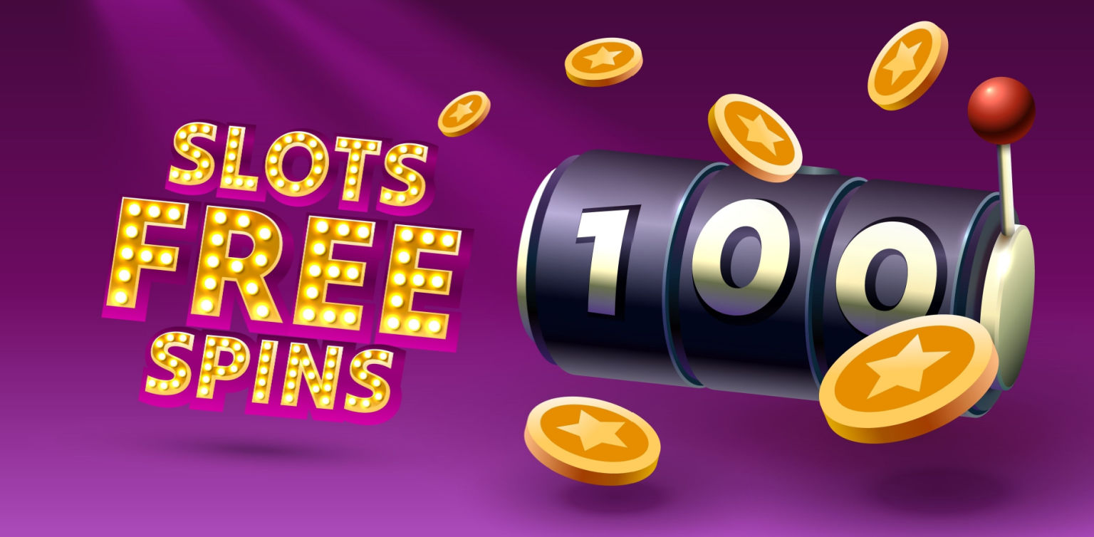 An illustration of a 100 free spins concept with a 3 reel slot barrel on a pink background