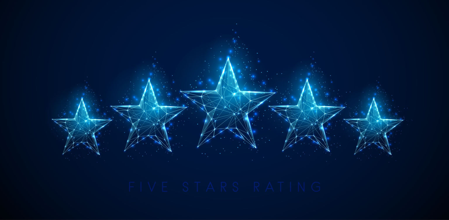 An illustration of 5 glowing geometrically designed blue stars on a darker blue background