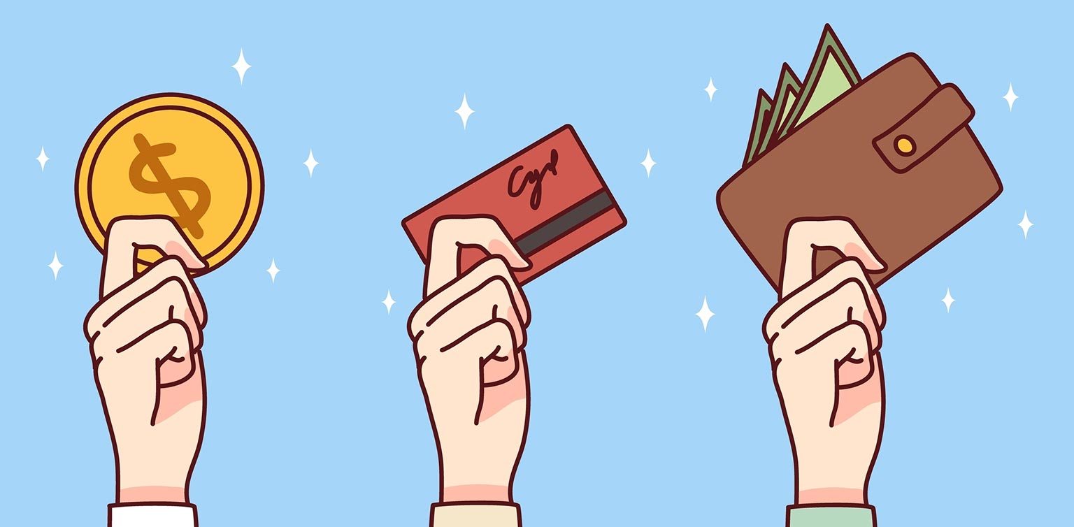 A illustration of 3 hands holding a Bitcoin, credit card and wallet on a light blue background