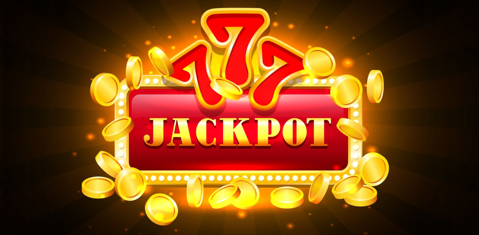 An illustration of the word JACKPOT in gold on red framed in gold with coins and triple 7s above on a dark background 