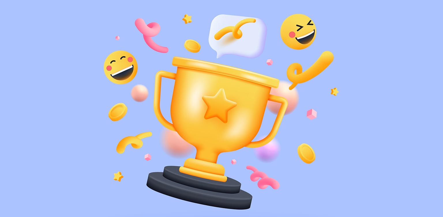 A 3D illustration of a gold trophy with ribbons, gold coins and smiling emojis floating about