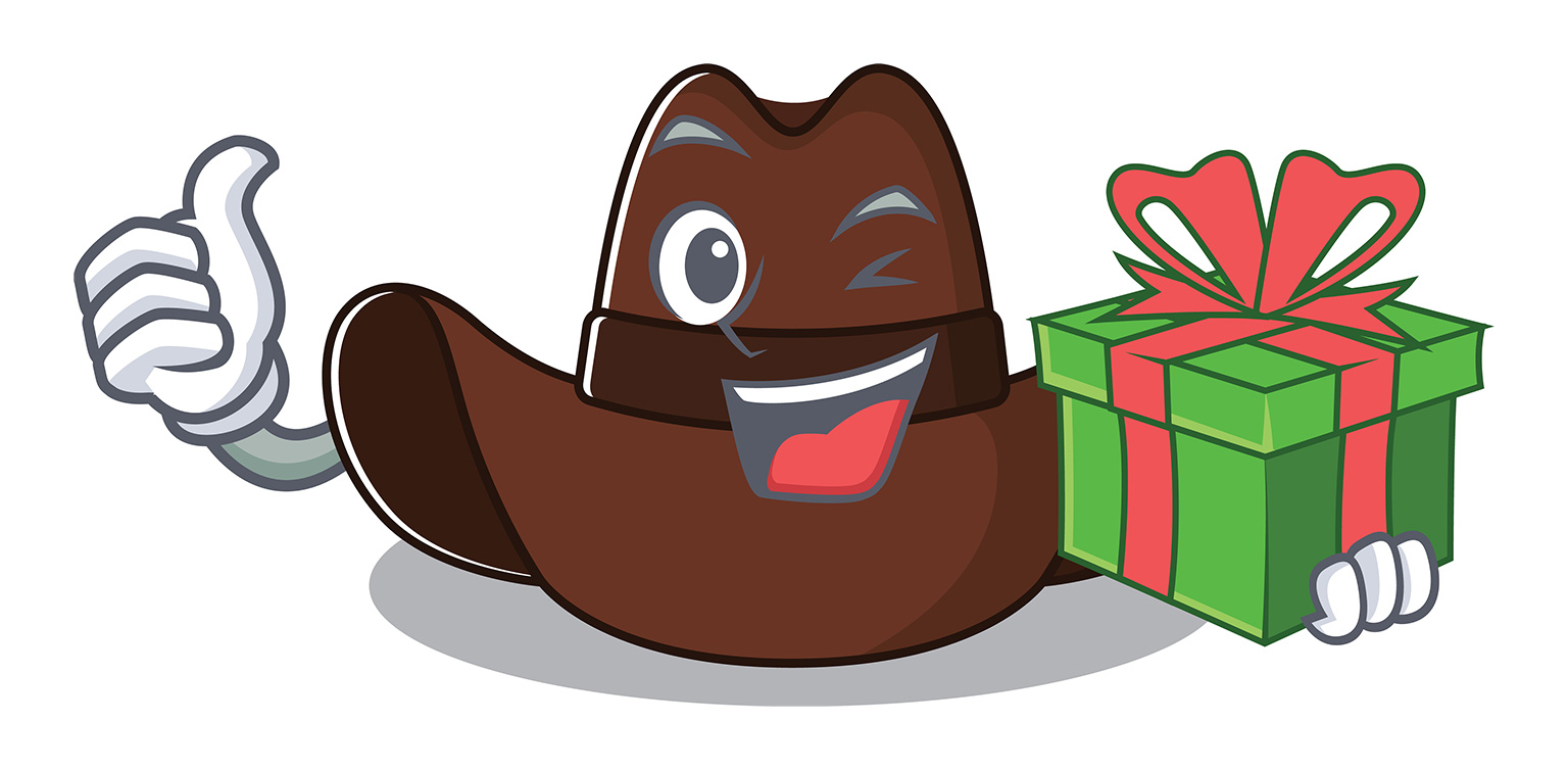 A cartoon style illustration of a Stetson winking and giving a thumbs up holding a gift box in the other hand isolated on white