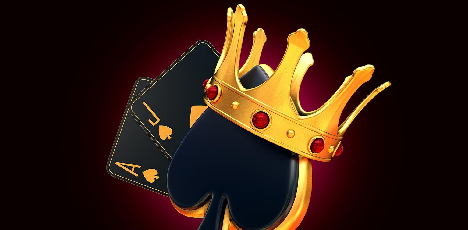 A 3D illustration of a black ace and jack of spades with a spade wearing a gold grown on a dark background