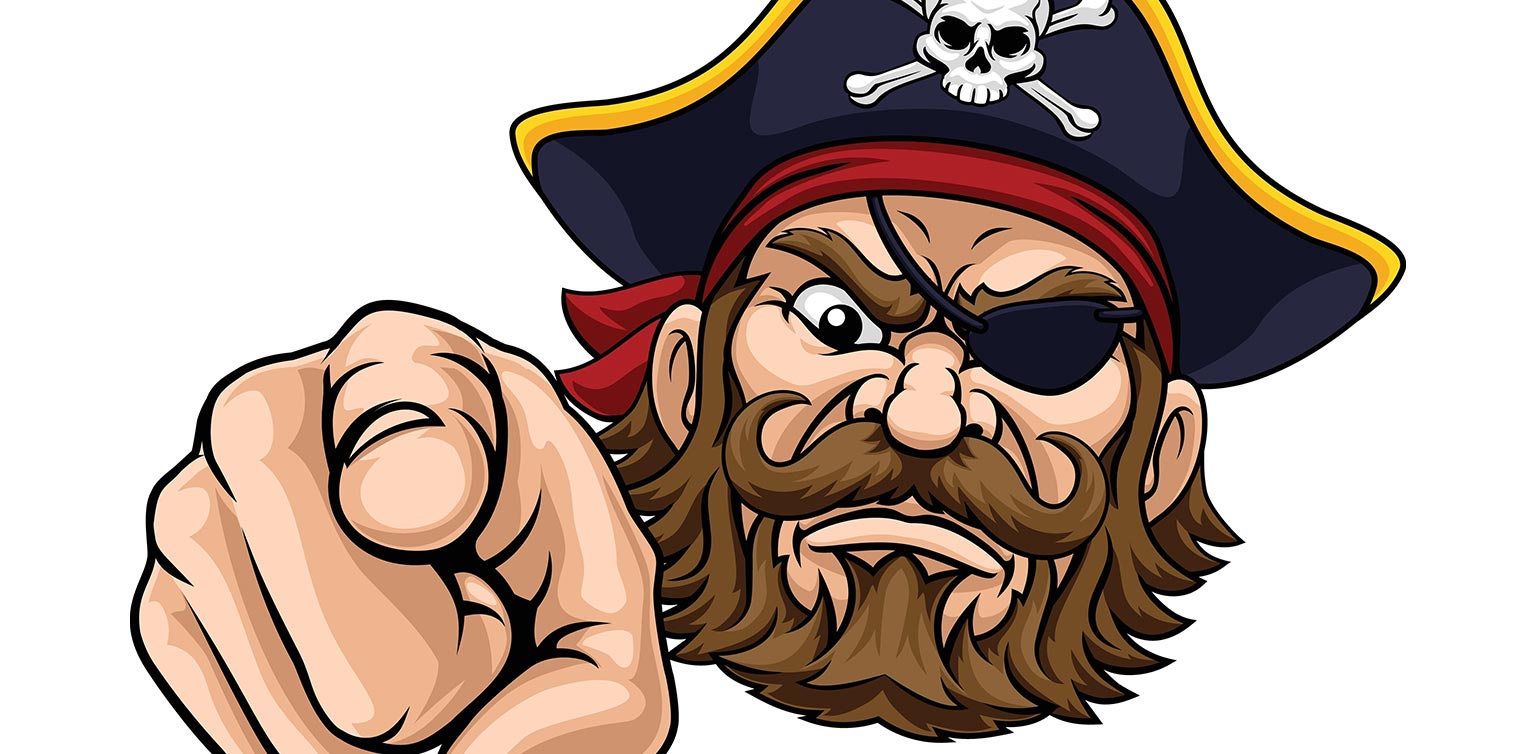 A cartoon style illustration of an fierce looking pirate with an eye patch, beard and pirate hat pointing at the viewer