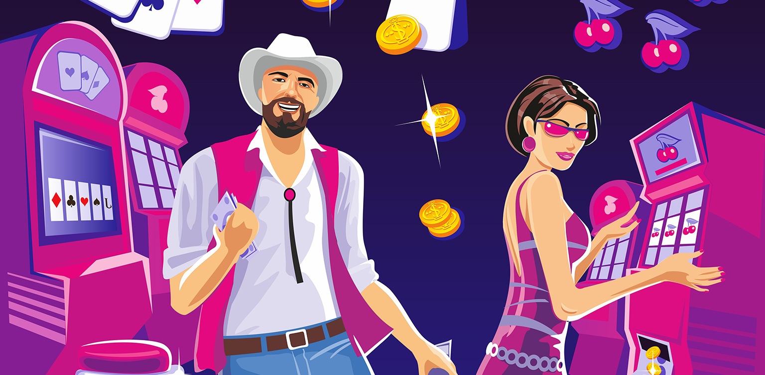 An illustration of four pink slot machines, a woman playing a slot and man in a Stetson with wads of money on a blue backround