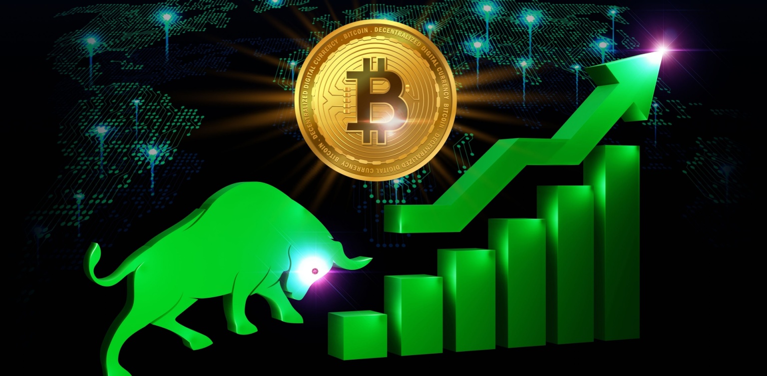 An illustration of a green bull, an upward arrow, and a gold bitcoin symbolize a bull run on a dark background.