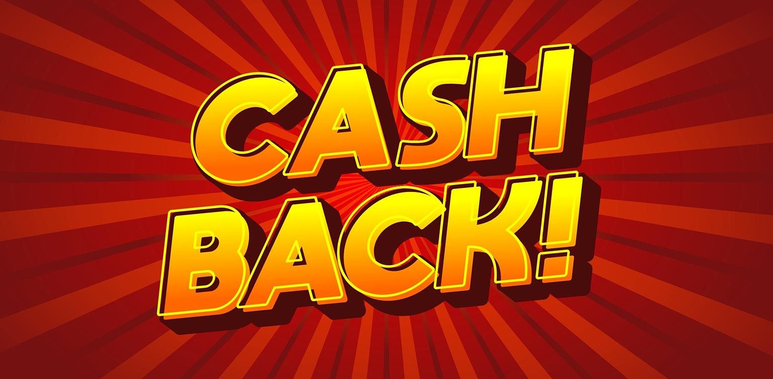 A comic book style illustration of the words ‘cash back’ in yellow on a popping red background 