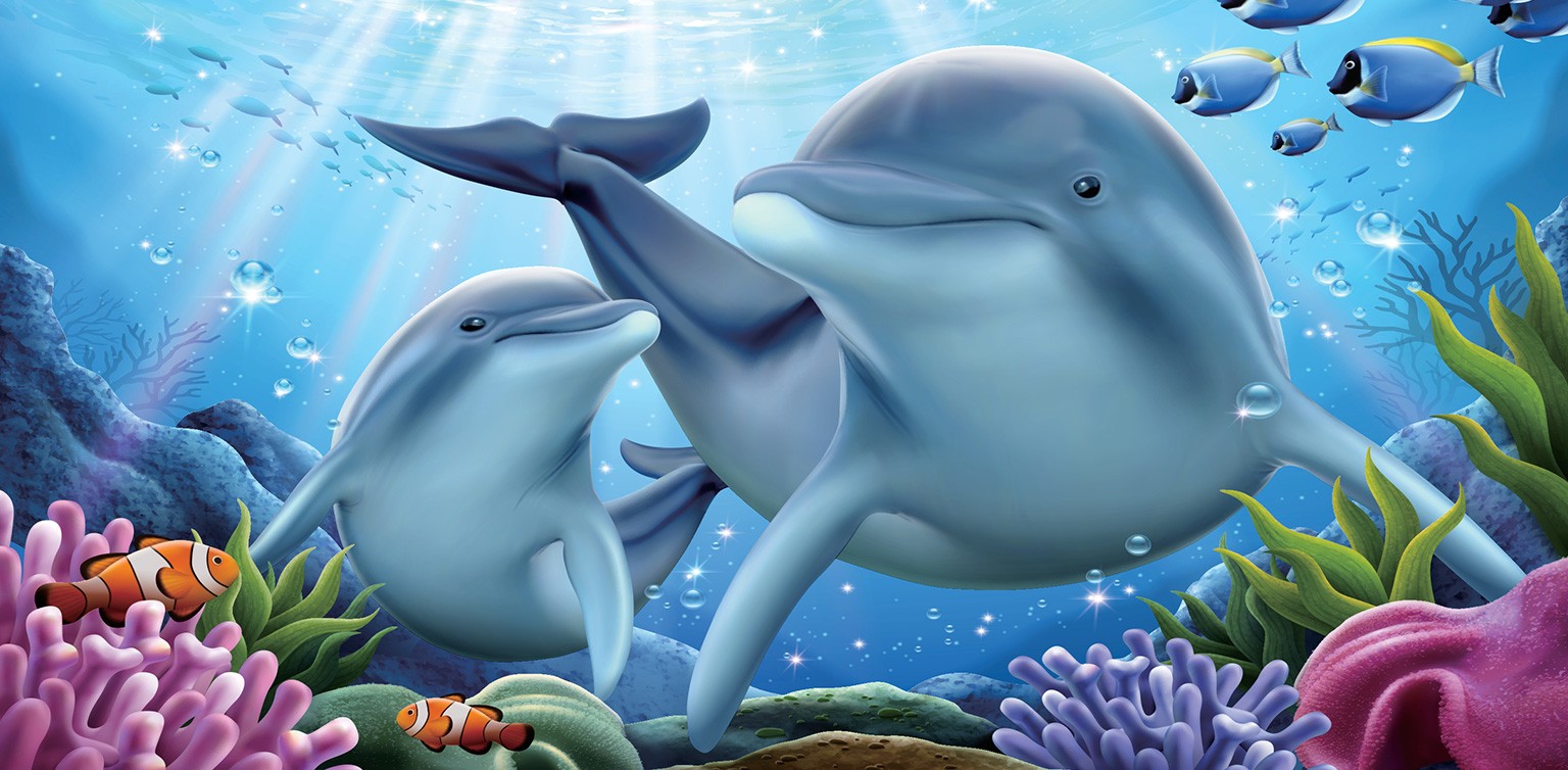An 3D illustration of two dolphins, a coral reef and colorful tropical fish