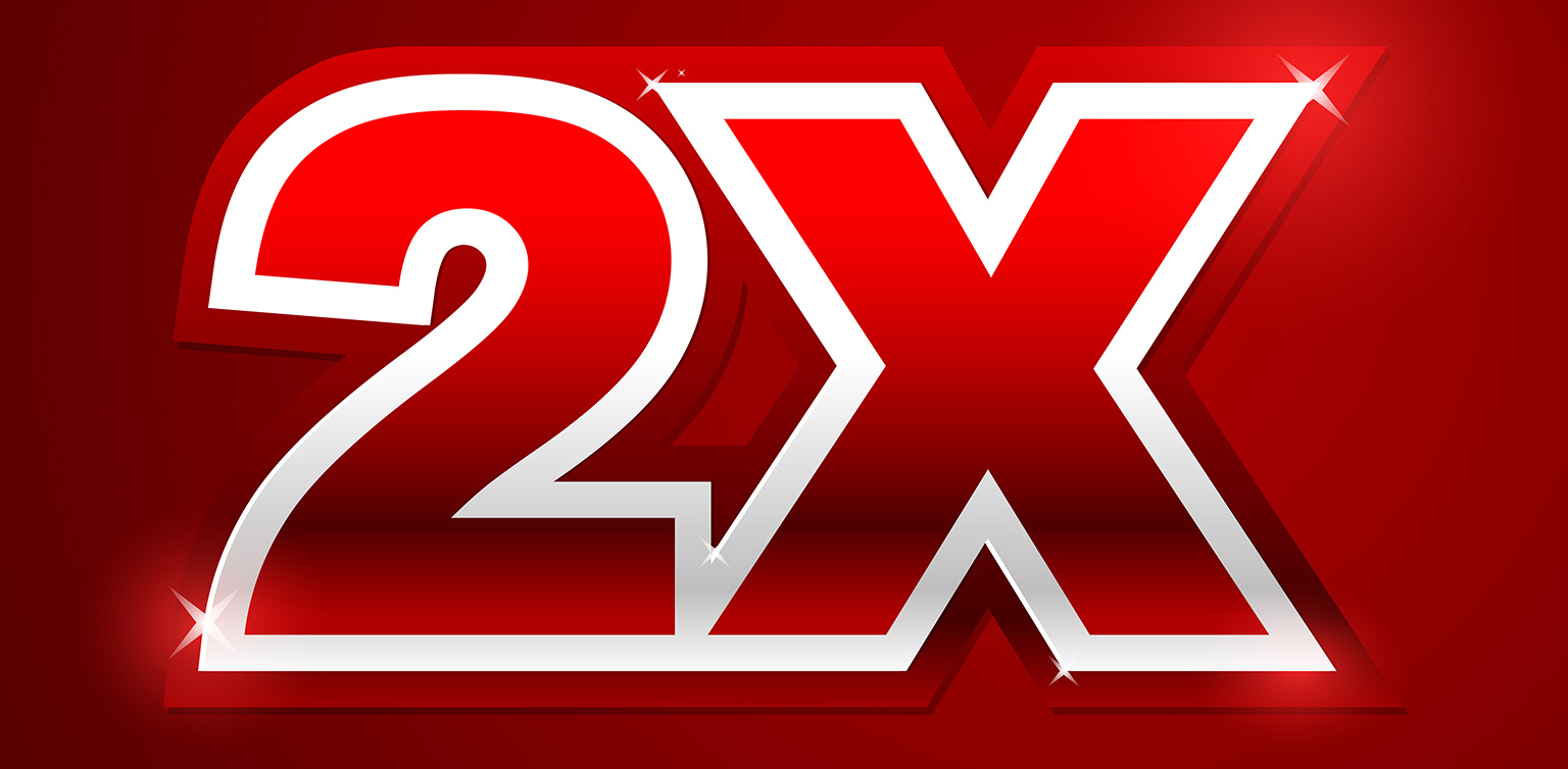 An illustration featuring the number and letter 2X outlined in white on a red background
