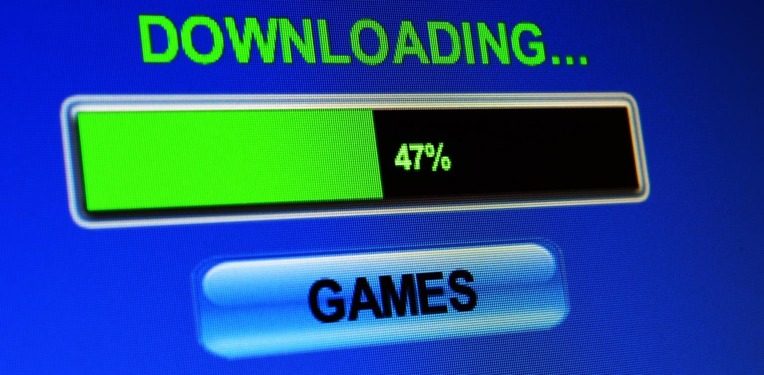 An illustration of a download meter set a 47% with the words ‘Downloading’ and ‘Games’ above and below on a blue background