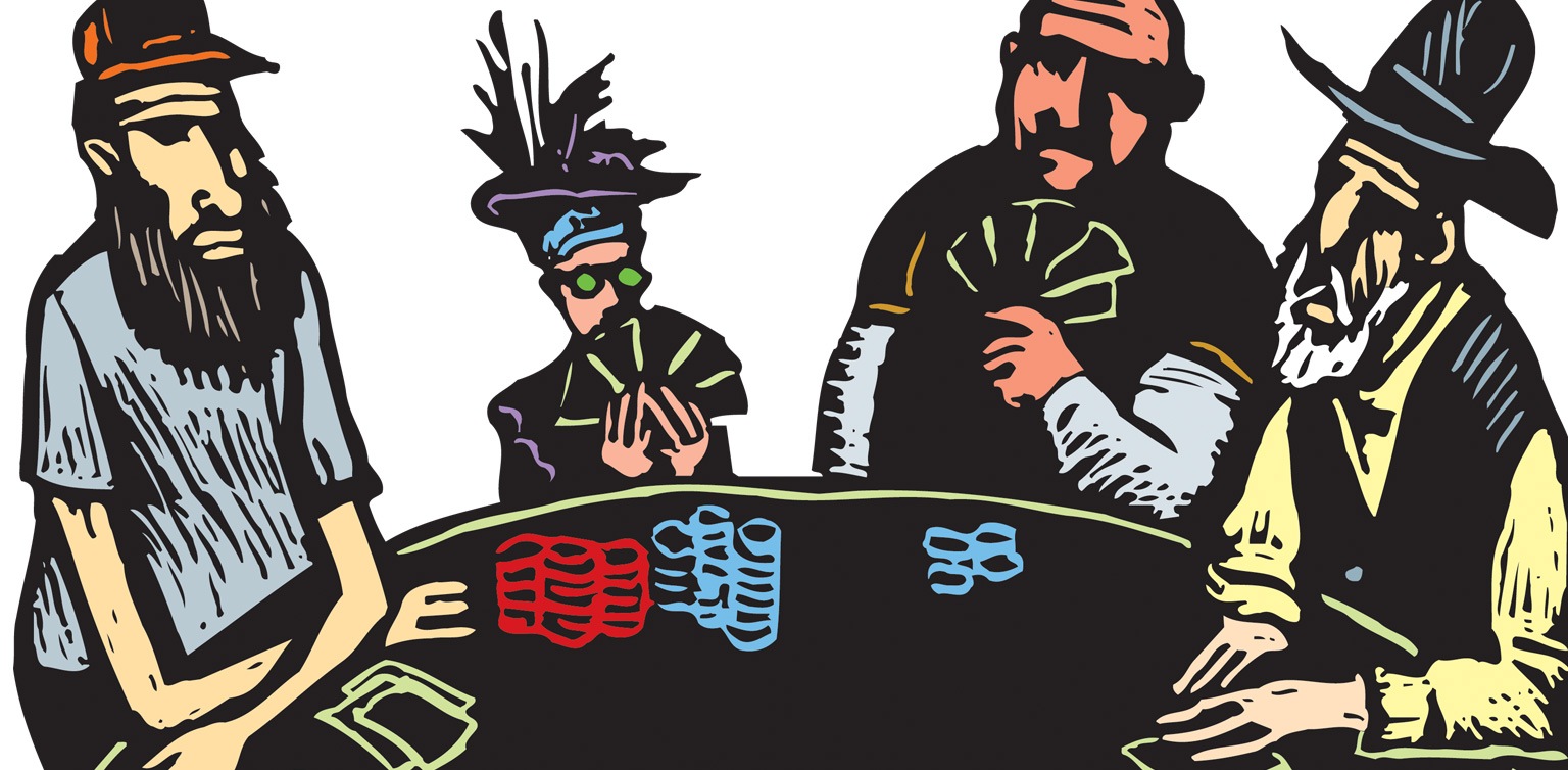 A cartoon-style illustration of four men sitting at a black poker table against a white background