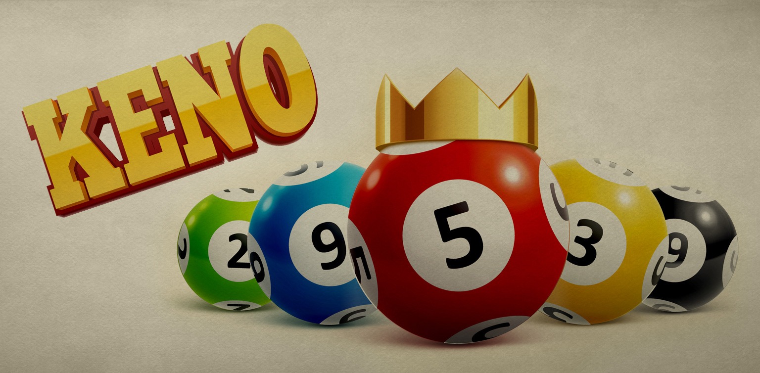 An illustration of five numbered keno balls, one with a crown on, and the word KENO above, on a light background