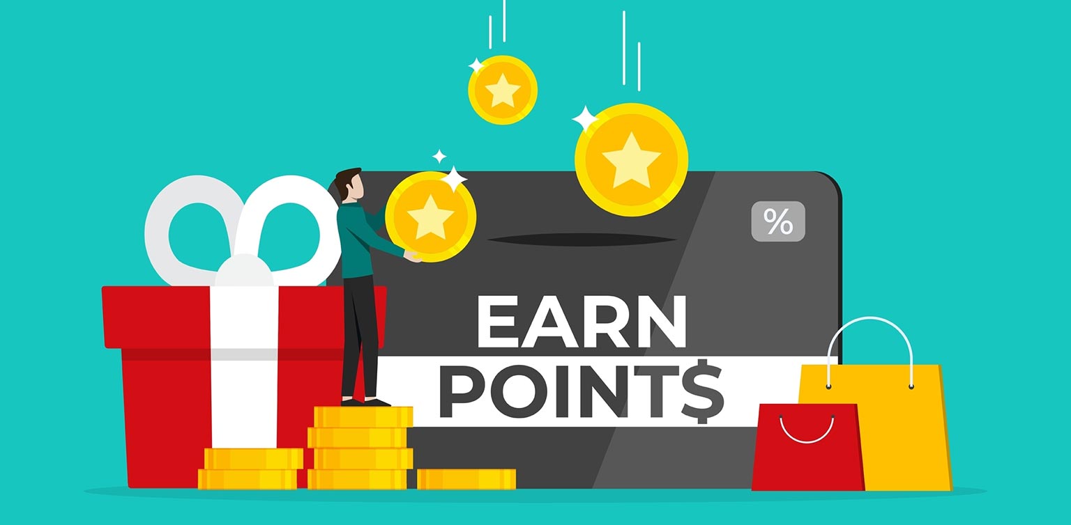 An “earn points” concept illustration with a tablet, gold coins, and gift bags on a turquoise background
