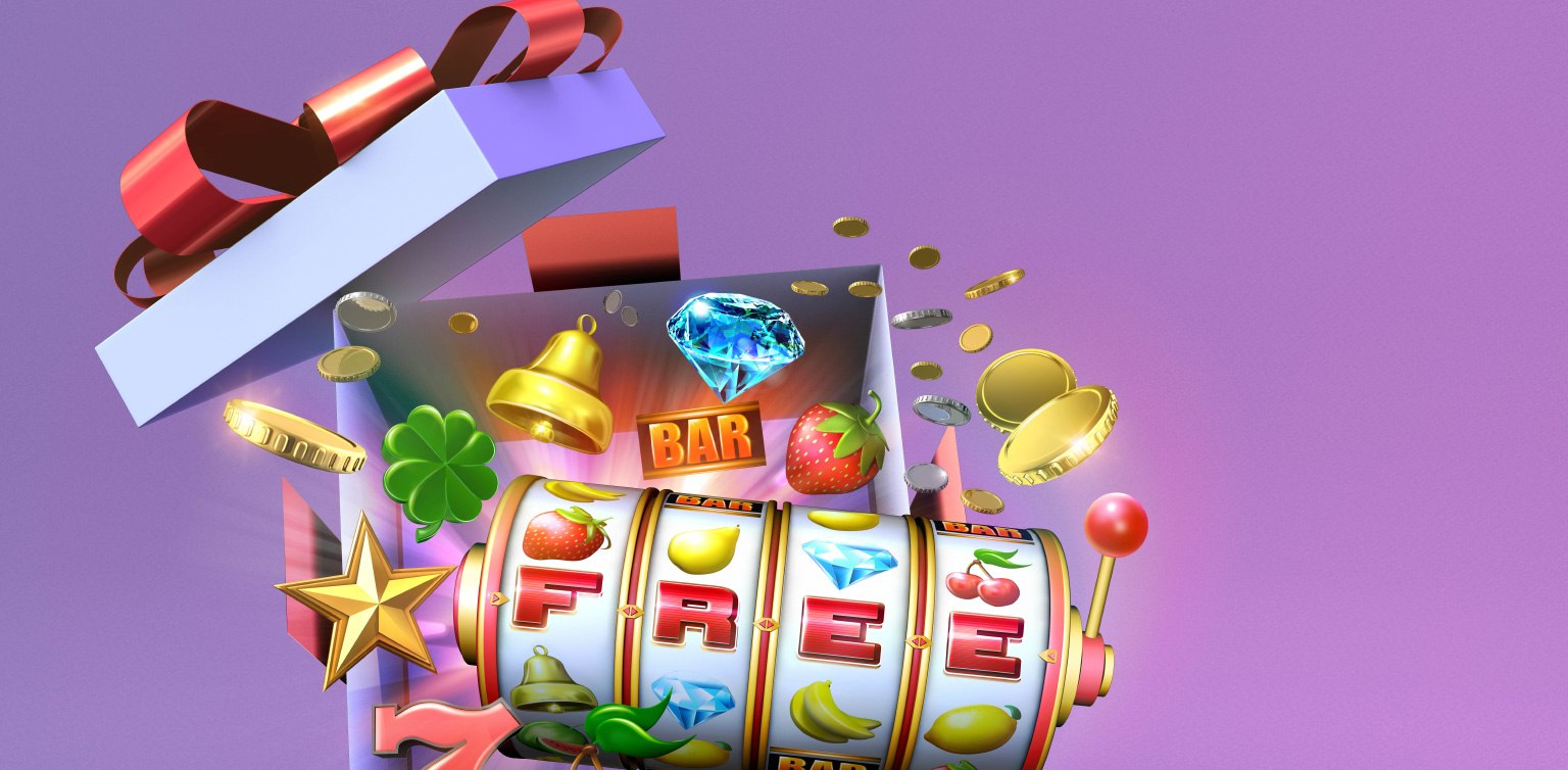 A 3D illustration of an open gift box with slot symbols, barrel reels and gold coins flying out on a purple background