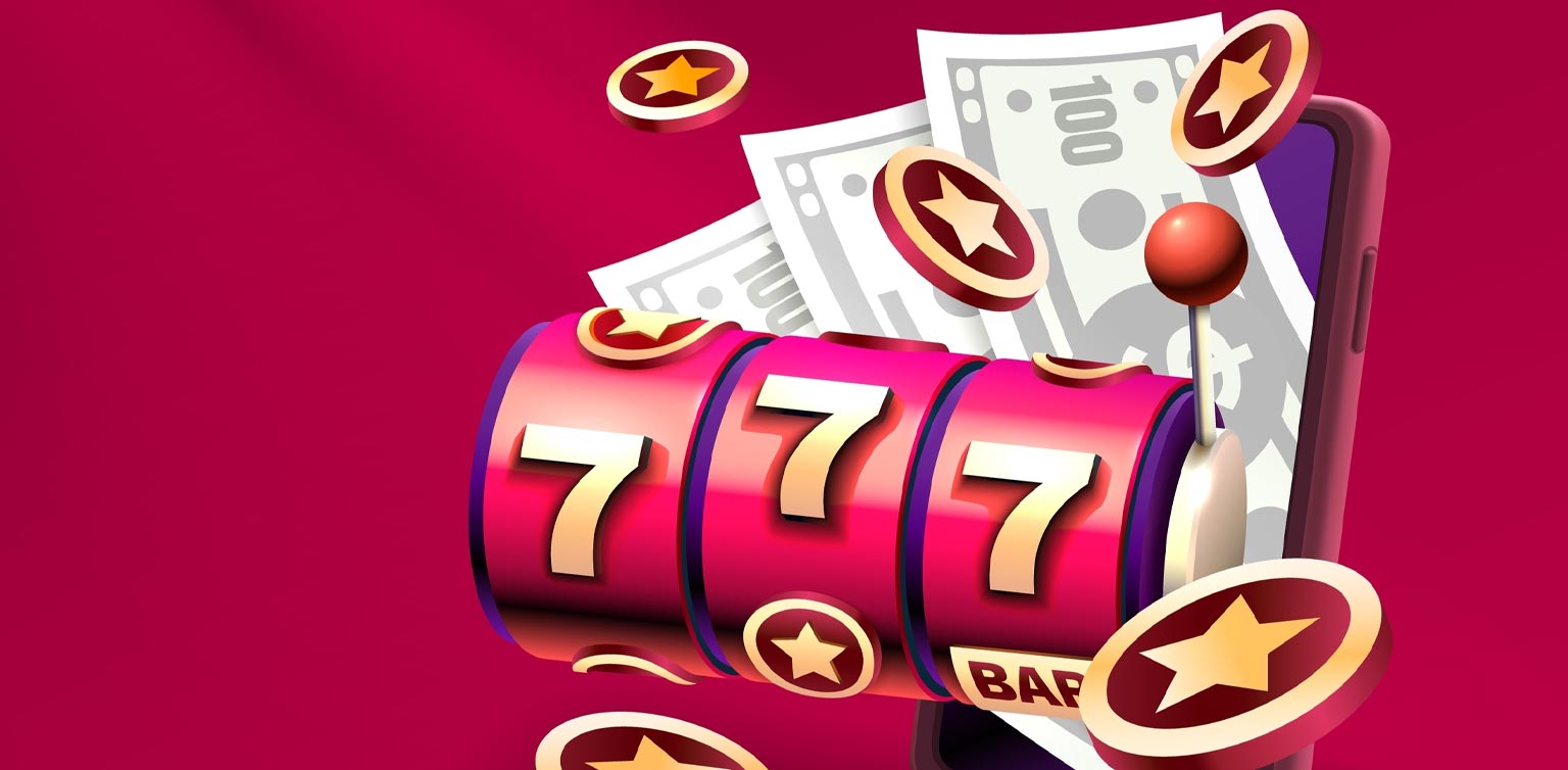 A three reel slot barrel with 7s on and dollar bills coming out of a smartphone screen on a pink background 