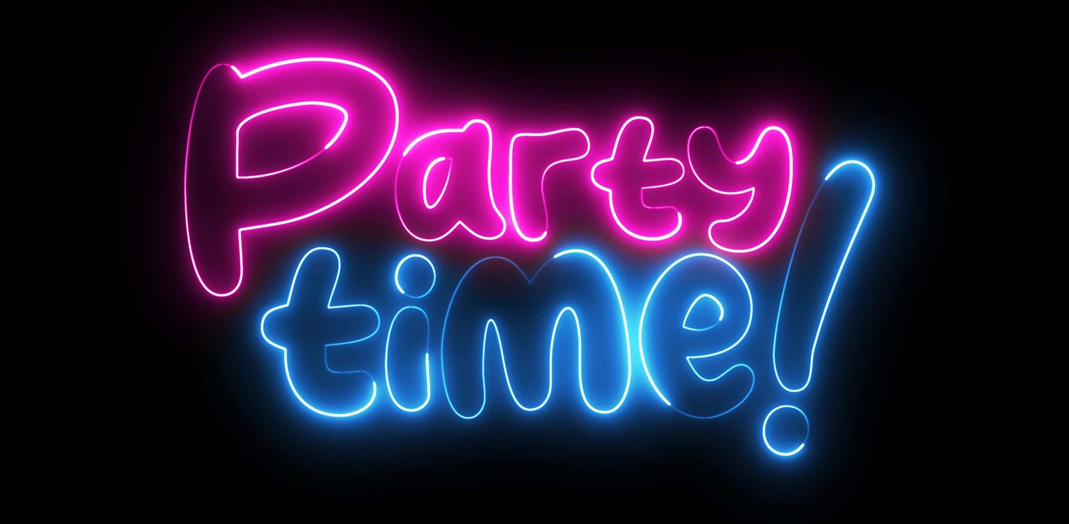 A illustration of ‘Party Time!’ in pink and blue neon lights isolated on a black background