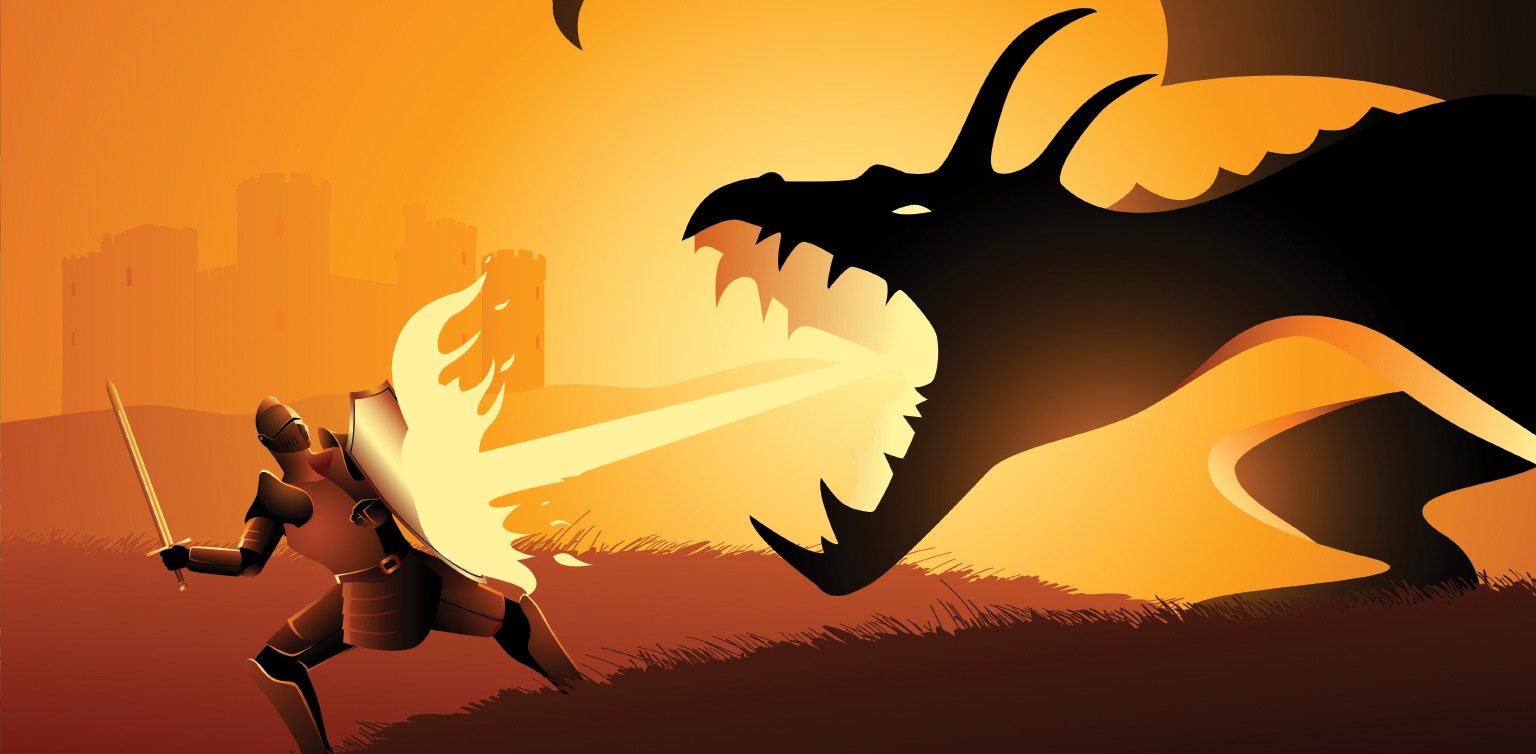 An illustration of a knight fighting a fire breathing dragon in silhouette, backed by a sunlit scene