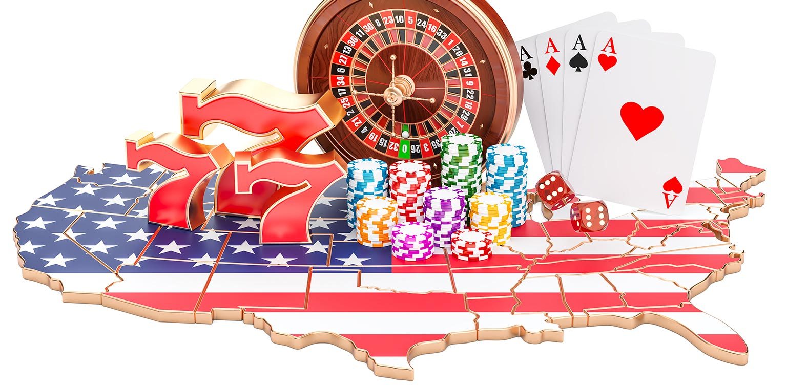 An illustration of a USA map, clad in the national flag, with slot symbols, casino chips, cards, dice & roulette wheel on white