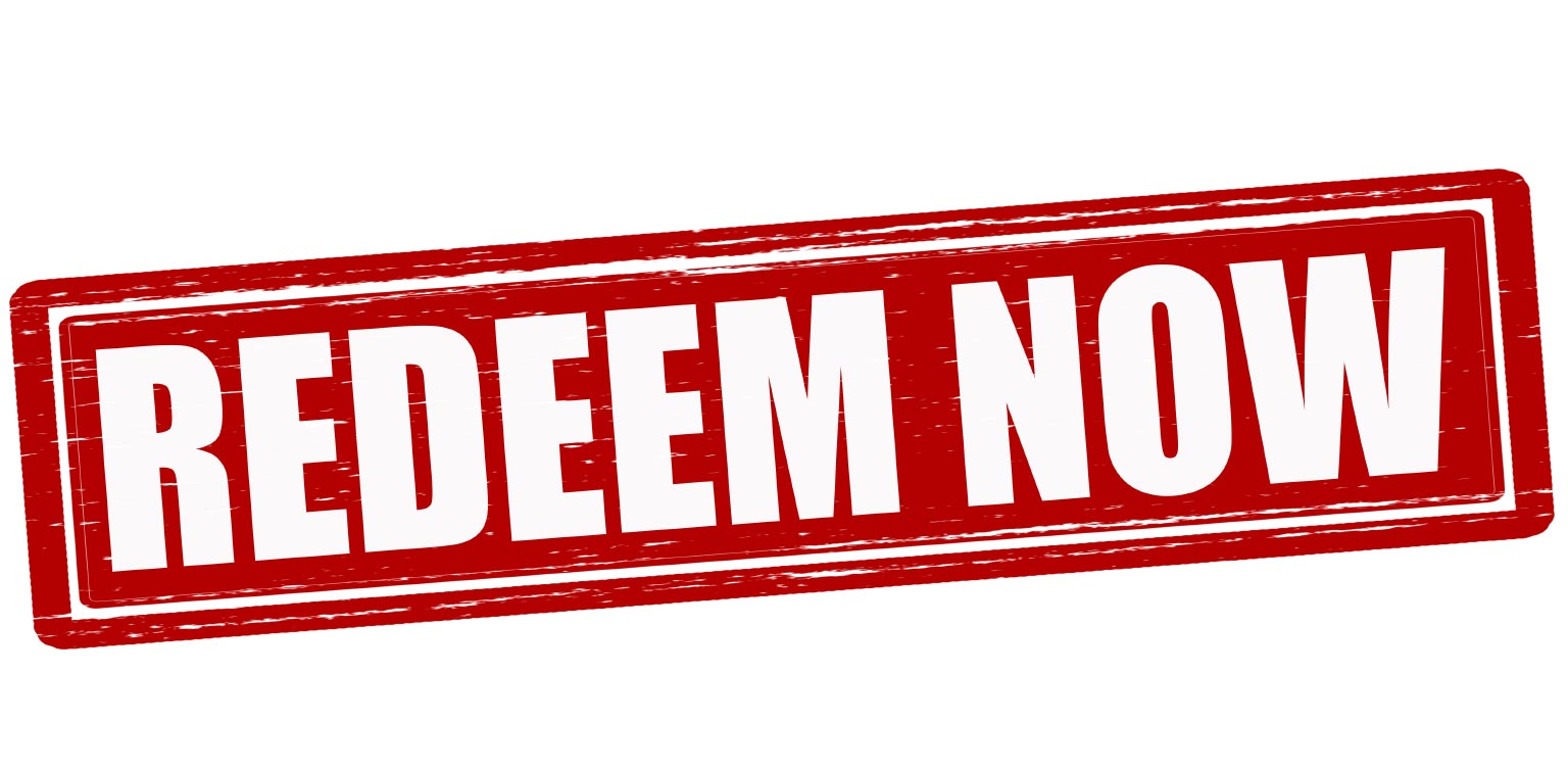 An illustration of a red “redeem now” stamp isolated on a white background 