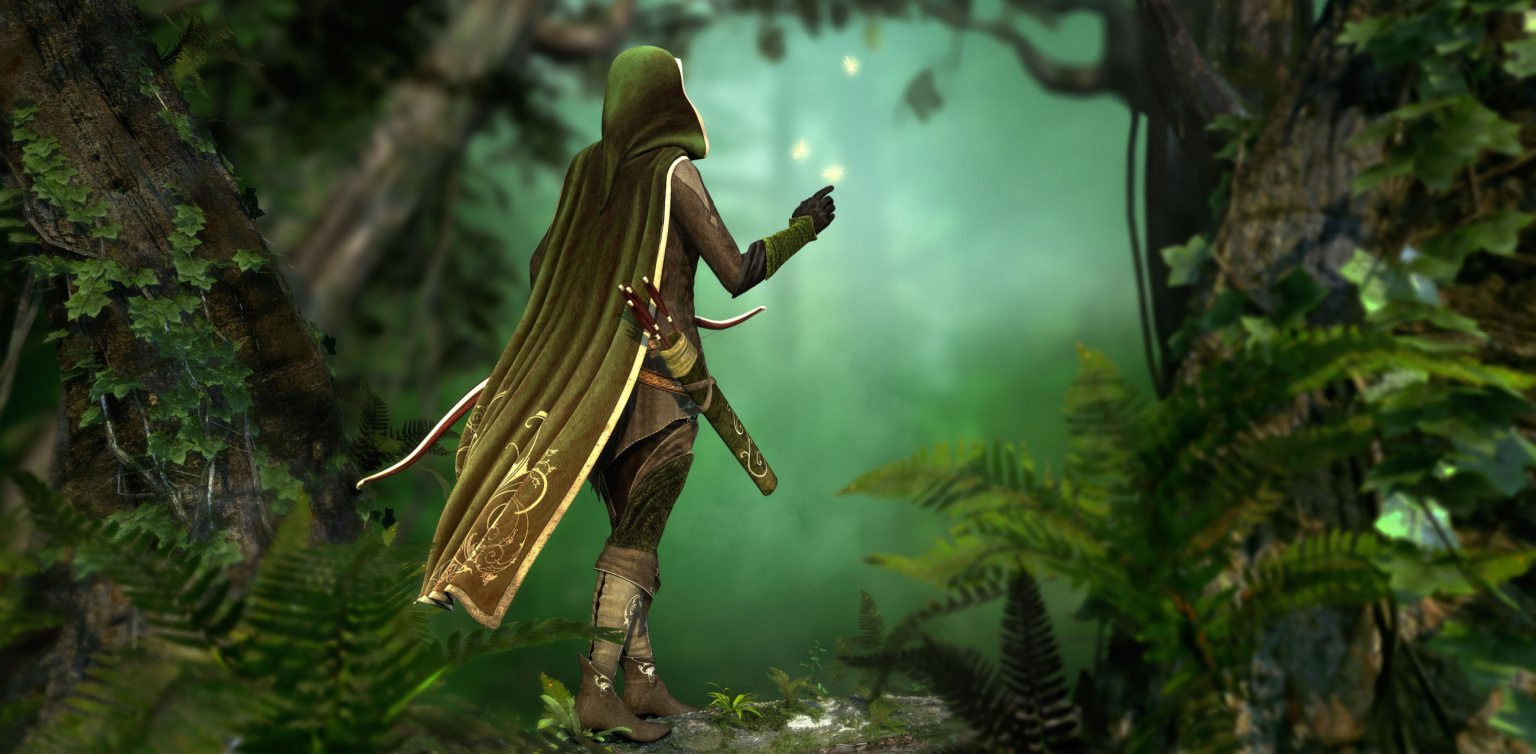 An image of a man that in a green cape bearing a sword and bow in a lush forest