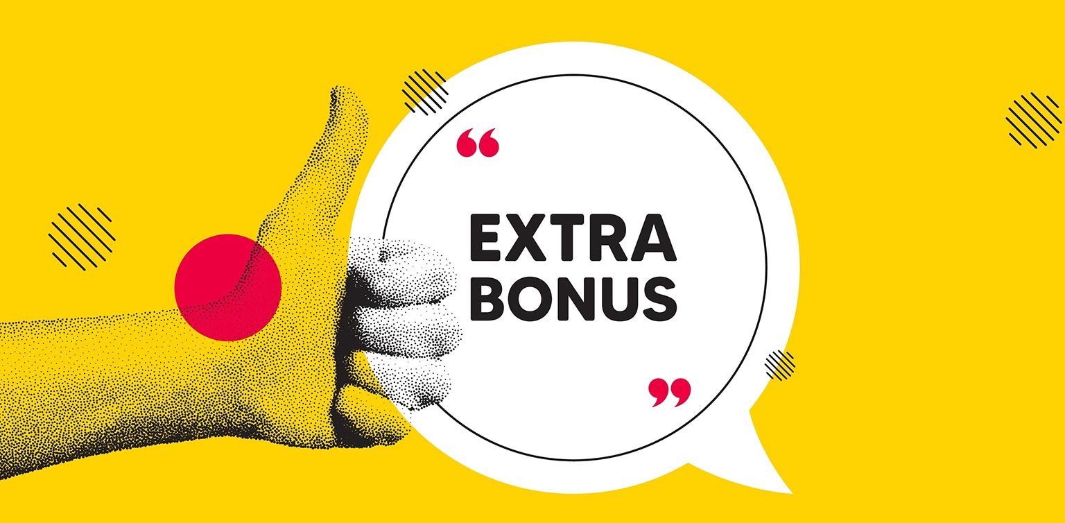 A hand showing a thumbs up with a white speech bubble reading ‘extra bonus’ on a bright yellow background 