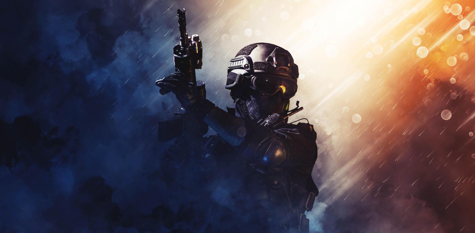 A geared-up special forces soldier on an abstract background