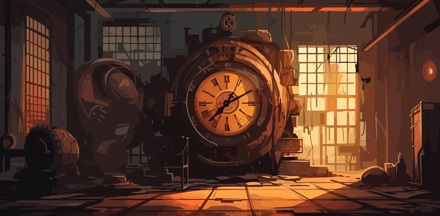 An illustration of a time machine in a dilapidated warehouse 
