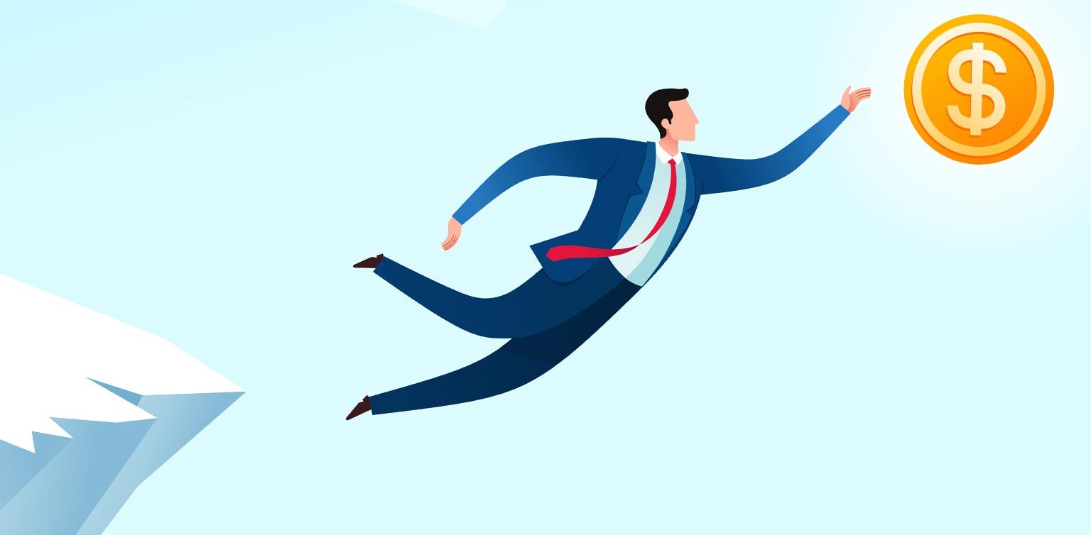 A cartoon-style illustration of a man in a suit jumping off a cliff trying to grab money against a blue sky