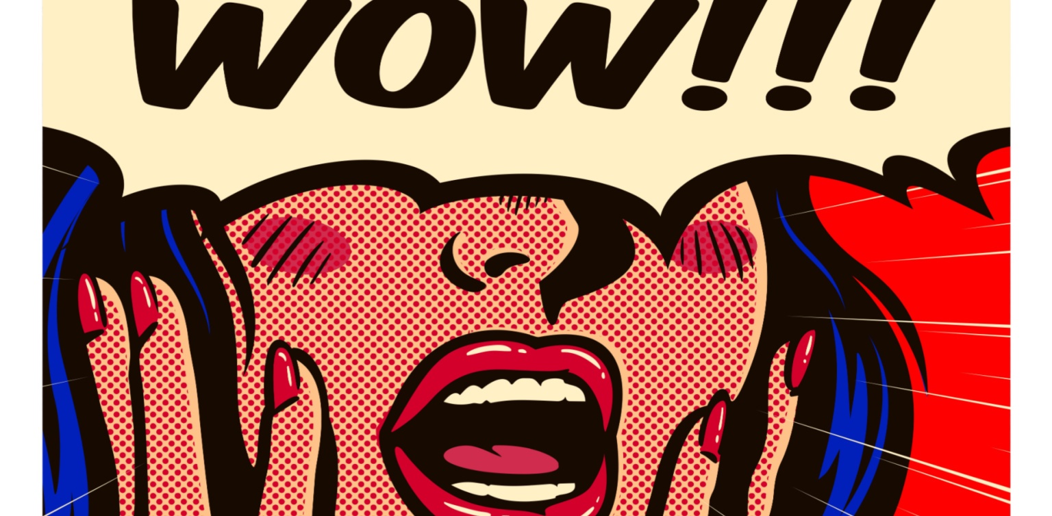 A retro-style image of the lower half of a woman’s face with the word WOW!!! covering the top half